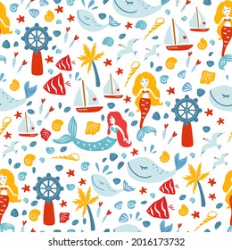 Seamless sea vector pattern, mermaid Cartoon hand drawn decorative ocean background, doodle illustration marine texture, ocean design travel fantasy wallpaper with animal for play kids, nautical sign