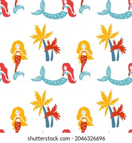 Seamless sea vector pattern, mermaid Cartoon hand drawn decorative ocean background, doodle illustration marine texture, ocean design travel fantasy girl wallpaper with palm for play kids