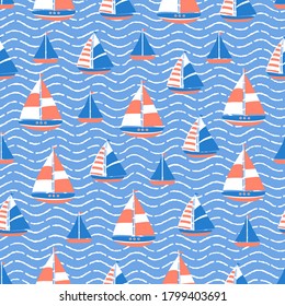 Seamless sea waves pattern with cute yachts. Summer vacation background. Vector
