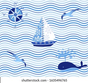 Seamless sea waves pattern. Vector ornamental background with stylized waves, sailboat, whale, seagulls and wind rose. Summer illustration with marine elements