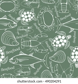 Seamless seafood background isolated for menu design, wrapping, banners - vector illustration