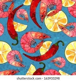 Seamless Seafood Background with Shrimps, Lemon and Pepper. Vector illustration, eps10.