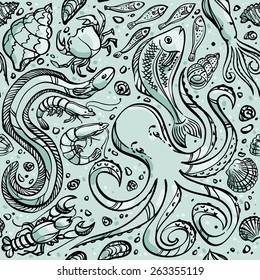 seamless seafood pattern, background in blue tones