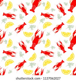 Seamless seafood pattern with boiled crayfish, lemon and dill. Crayfish food background. Great for seafood restaurant menu or kitchen decor