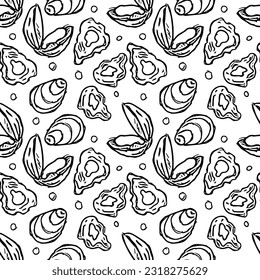Seamless seafood pattern. Drawn seafood background