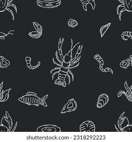 Seamless seafood pattern. Drawn seafood background