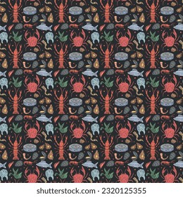 Seamless seafood pattern. Drawn seafood background