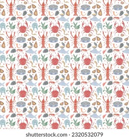 Seamless seafood pattern. Drawn seafood background