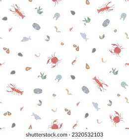 Seamless seafood pattern. Drawn seafood background