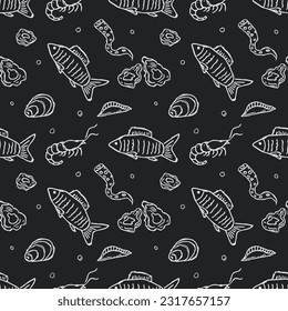 Seamless seafood pattern. Drawn sea food background