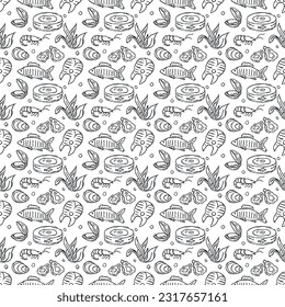 Seamless seafood pattern. Drawn sea food background