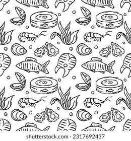Seamless seafood pattern. Drawn sea food background