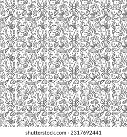 Seamless seafood pattern. Drawn sea food background