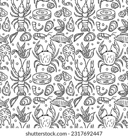 Seamless seafood pattern. Drawn sea food background