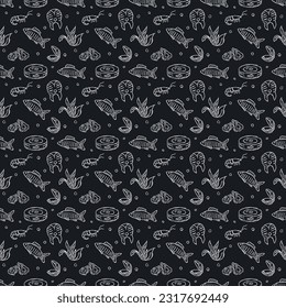 Seamless seafood pattern. Drawn sea food background
