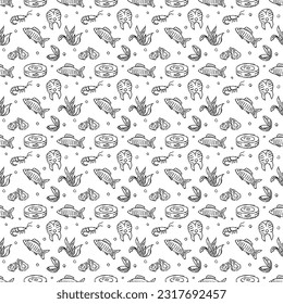 Seamless seafood pattern. Drawn sea food background