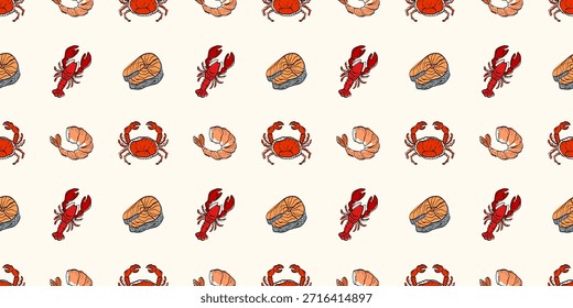 Patrón de mariscos sin fisuras con piezas de langosta, cangrejo, camarón y salmón dispuestas sobre un fondo claro, creando un diseño de alimentos mediterráneos frescos para envases, textiles y decoración de cocina.