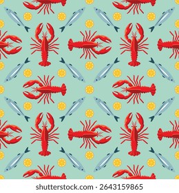 Seamless seafood pattern with lobsters, sardines and lemon slices. Bright lobster and fish vector seamless pattern with citrus. Fresh seafood and lemon seamless design in flat style
