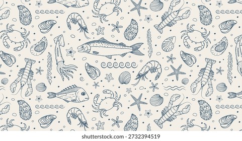 Seamless seafood pattern with salmon, fish, shrimp, lobster, crab, squid, mussels, oysters, shells and seaweed in blue line art on beige background. Nautical marine food repeat for packaging, textile, wrapping paper, wallpaper.
