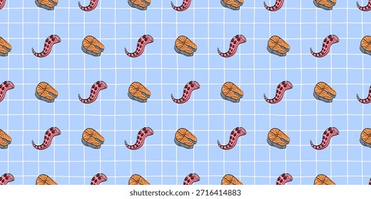 Patrón de mariscos sin fisuras con filete de salmón y Elementos de tentáculos de pulpo dispuestos sobre un fondo de rejilla azul, creando un diseño moderno de alimentos mediterráneos para envases, textiles y decoración de cocinas.
