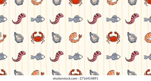 Seamless seafood pattern with shrimp, crab, fish, and shellfish in a clean vintage line style. Designed for restaurant menus, Mediterranean packaging, and food-themed backgrounds.