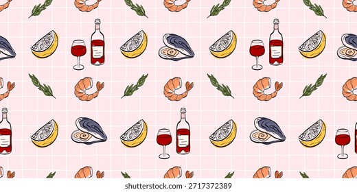 Patrón de mariscos sin fisuras con camarones, mejillones, rodajas de limón, hierbas y botellas de vino tinto sobre un fondo de rejilla rosa suave, diseñado para embalaje, textiles, decoración de cocina y marca de alimentos.