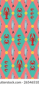 Nahtloses Muster aus Meeresfrüchten mit handgezeichneten Vintage-Fischen. Nahtloses Muster aus Meeresfrüchten mit Sardinen, Garnelen, Krabben und Schalentieren