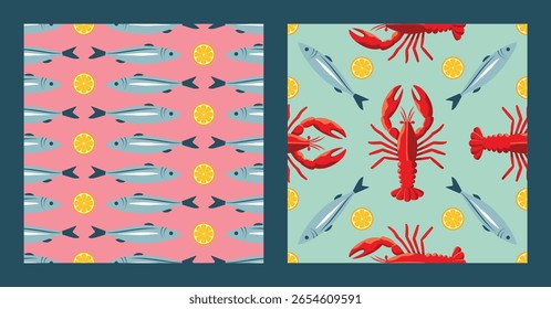 Seamless seafood patterns with sardines and lobsters set. Vector seafood repeat designs with lemon and fish. Cartoon lobsters and sardines patterns for kitchen decor