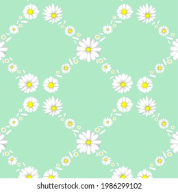 Seamless sea-green background with a variety of daisies and petals.