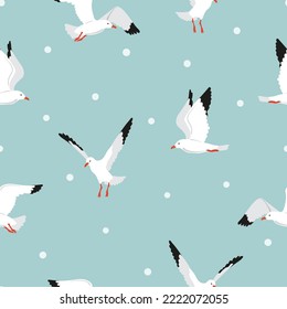 Seamless seagull pattern. Cartoon flying marine birds vector background.