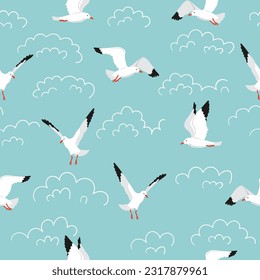 Patrón de gaviota sin foco. Caricatura de aves marinas voladoras y nubes de doodle fondo vectorial