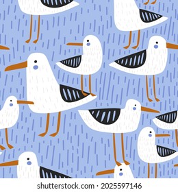 Seamless Seagulls Pattern. Creative Nautical Blue Background. Vector Illustration