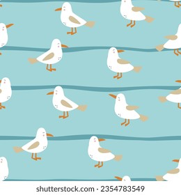 Seamless seagulls pattern. Creative nautical blue background with stripped. 