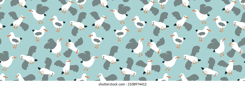 Seamless Seagulls Pattern. Cute Blue Nautical Animals Nursery Style Vector Illustration