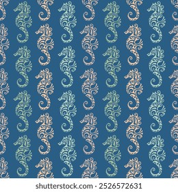 Seamless Seahorse Pattern - Nautical Design in Various Color Styles. Blue