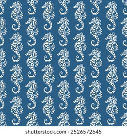 Seamless Seahorse Pattern - Nautical Design in Various Color Styles. Blue