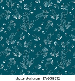 Seamless seahorse repeat pattern including bubbles and seaweed.  Surface, tile, fabric wallpaper.