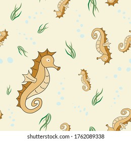 Seamless seahorse repeat pattern including bubbles and seaweed.  Surface, tile, fabric wallpaper.