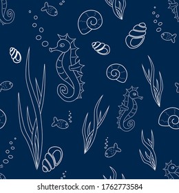 Seamless seahorse repeat pattern including sea shells and seaweed, white silhouettes on dark blue background.  Surface, tile, fabric wallpaper.