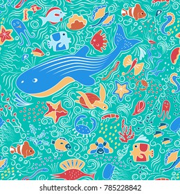 Seamless seaornamental pattern. Sink, fish, starfish, skates, octopus and other deep-sea animals of the sea and ocean. Beautiful marine aquarium. On a blue background with air bubbles. Vector  