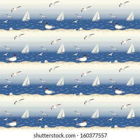 Seamless seascape with yacht sailing, seagulls, waves, shells. Vector pattern. Abstract sea background