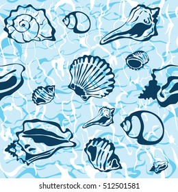 Seamless seashell background, marine vector pattern