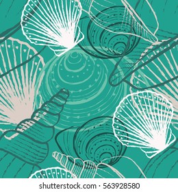 Seamless Seashell Background, Marine Vector Pattern.