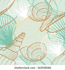 Seamless seashell background, marine vector pattern.