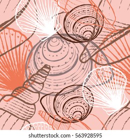 Seamless seashell background, marine vector pattern.