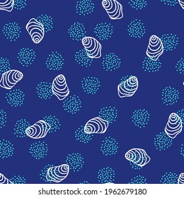 Seamless seashell ocean vector pattern. Repeat nautical shell background with summer elements. Trendy navy blue summer fashion print design. Modern illustration.