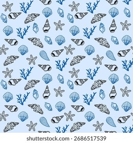 Seamless Seashell Pattern Background. Seamless seashell pattern. Hand-drawn seashells on a blue background. Ocean-inspired design. Coastal and beach theme.
