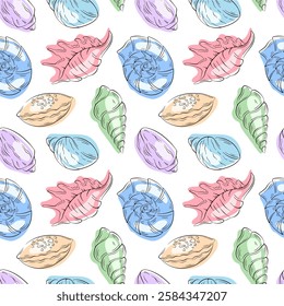 Seamless seashell pattern in flat style. Hand drawn summer sea themed design for textile, wrapping, card on white background.