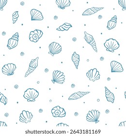 Seamless seashell pattern with hand drawn ocean shells, spirals and dots on white background for summer, beach textile, wrapping and marine design