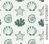 Seamless seashell pattern in muted green doodle outline style. Hand drawn marine line art with shells, coral and starfish. Minimal coastal design for textile, packaging and branding.